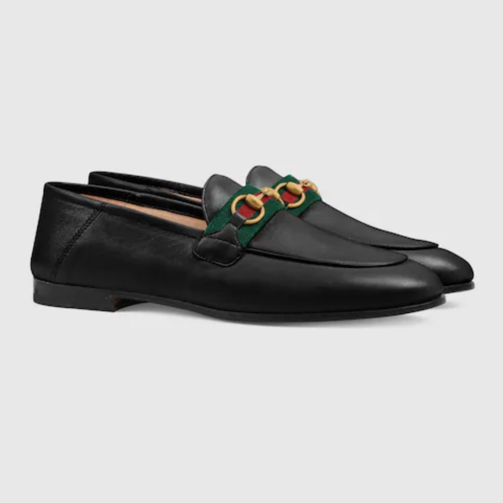 Gucci Black Leather Loafers with Web and Gold Accents